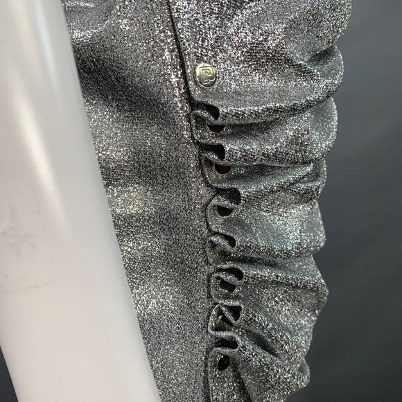 PACO RABANNE 4 Silver Viscose Blend Cap Sleeves Asymmetrical Midi Cocktail Dress - Picture 3 of 6